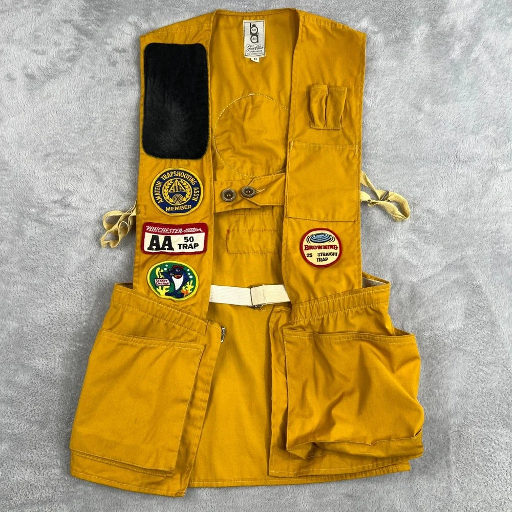 Bob Allen Vintage Patched Shooting Vest M Yellow Men Trap Skeet Gorpcore Hunting - Picture 1 of 13